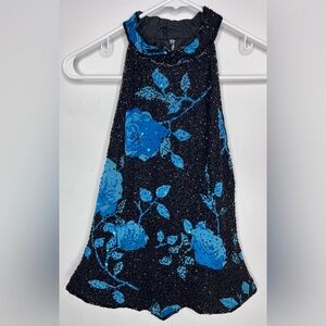 Andretto Donatella Black and Blue Beaded Floral Sleeveless Halter Top